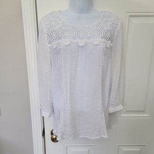 Fig And Flower Womens White Blouse Crochet Lace Neckline Boho 3/4 Sleeve Medium